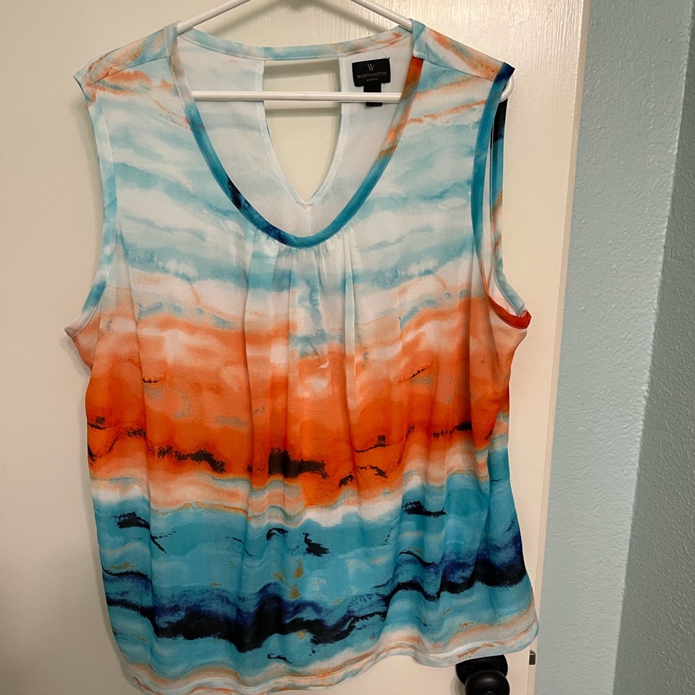 Blue, white, orange sleeveless top